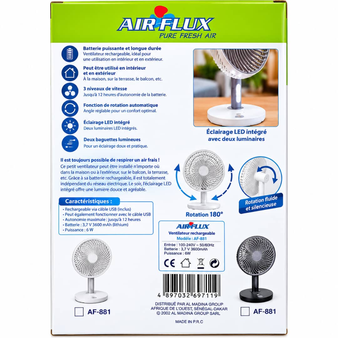 Ventilateur Rechargeable 3 Vitesses